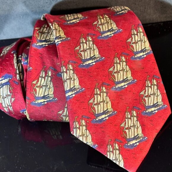 Dior Mid Century Modern Neckwear Tie 100% All Silk Red Sailboat Schooners Ship - Picture 1 of 8